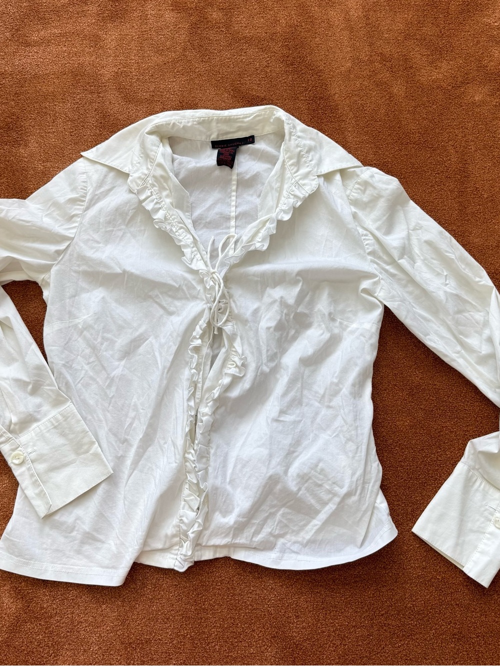 Women's White Ruffle-Front Button Blouse drawstring - Picture 5 of 8